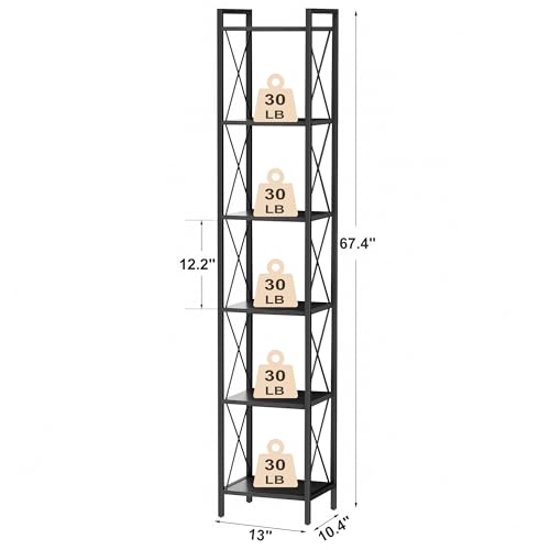 Homhedy 6 Tier Small Bookshelf, Tall Narrow Bookcase, Metal Book Shelf | Industrial Style for Small Spaces, Home, Office, Living Room, Kitchen, Bedroom , 10.4" D x 13" W x 67.4" H, Black - color: Black, size: 10.4"D x 13"W x 67.4"H