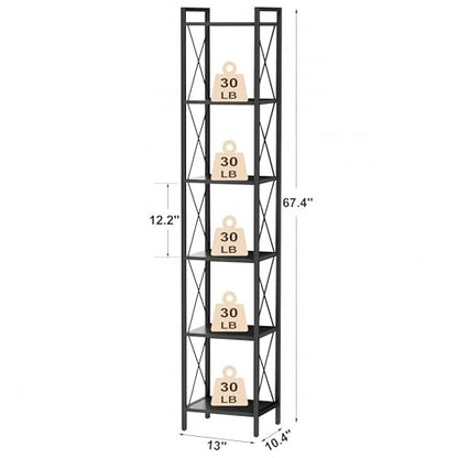 Homhedy 6 Tier Small Bookshelf, Tall Narrow Bookcase, Metal Book Shelf | Industrial Style for Small Spaces, Home, Office, Living Room, Kitchen, Bedroom , 10.4" D x 13" W x 67.4" H, Black - color: Black, size: 10.4"D x 13"W x 67.4"H