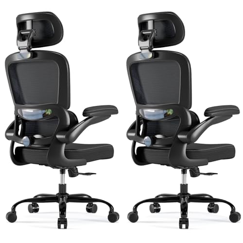 TRALT Ergonomic Office Chair Desk Chair with Adjustable Lumbar Support | Home Office Desk Chairs with Flip-up Armrests & 3D Headrest - Mesh Gaming Chair for Adults, 330lbs, PU Leather (Black, 2) - color: Black, size: Pack of 2