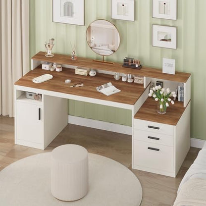 65" Computer Desk with 3 Drawers & Printer Shelf for Home Office | Office Desk with Printer Shelf & File Drawer, Executive Desk Writing Study Table with Monitor Stand, Brown & White - color: Antique White