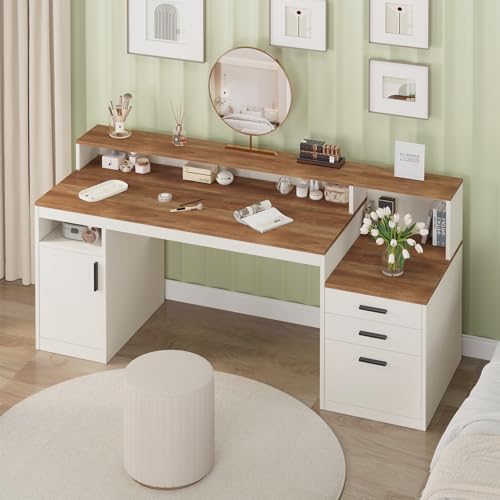 YOMILUVE 65" Computer Desk with 3 Drawers & Printer Shelf for Home Office - color: Antique White