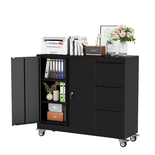 winiowa Mobile 3-Drawer File Cabinet with Wheel, Metal Lateral Rolling Printer Stand Filing Cabinets with Lock, Office Storage Cabinet for Office, Home, Garage, School, Gym-Black - color: Black