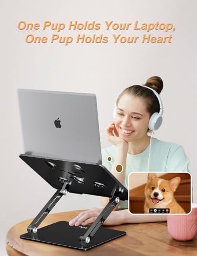 Aoviho Aluminum Laptop Stand for Desk Fit for All 10"-17.3" Laptops, Black | Height-adjustable Notebook Holder, Ergonomic Computer Riser with Unique Puppy Cooling Vent, for Mac, Dell, Lenovo, HP - color: Black