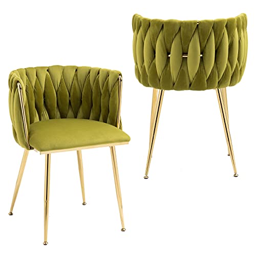 NIOIIKIT Modern Velvet Dining Chairs Hand Weaving Accent Chairs Living Room Chairs Upholstered Side Chair with Golden Metal Legs for Dining Room Kitchen Vanity Living Room (Olive Green) - color: Olive Green
