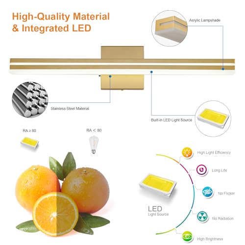 SineRise LED Modern Bathroom Vanity Light Fixtures (24-Inch, 3000K/4000K/6000K, Dimmable), Gold Modern Acrylic Bathroom Wall Lighting Fixtures Over Mirror - color: Gold, size: 24-Inch