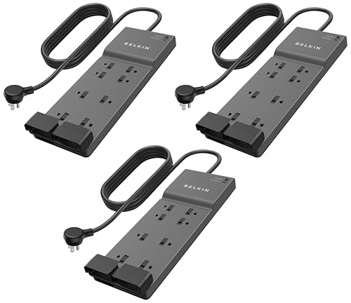 Belkin Power Strip Surge Protector with 8 Outlets, 6 ft Long Flat Plug Heavy Duty Extension Cord + Overload Protection for Home, Office, Travel, Compuer Desktop & Phone Charging Brick (3,550 Joules) - size: 3 Pack, style: 1 Pack
