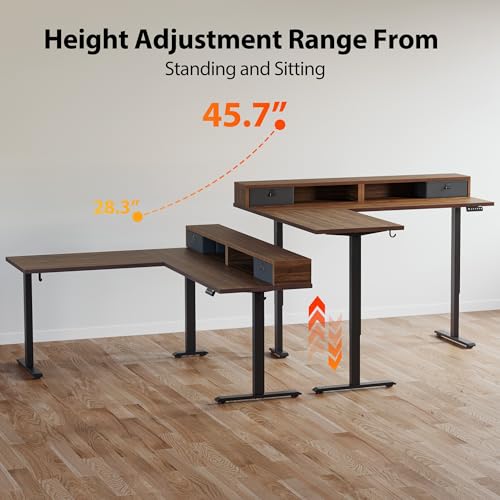 Agilestic 63 Inch L Shaped Electric Standing Desk with Drawer, Dark Walnut - color: Dark Walnut, size: 63x55.1 Inch Pro