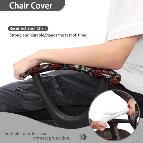 Skull Rose Butterfly Printed Office Desk Chair Arm Covers Protectors, Soft Stretch Computer Gaming Chair Armrest Covers with Elastic Edge, Universal Fits, Set of 2 - color: Black and Red - Skull Rose Butterfly