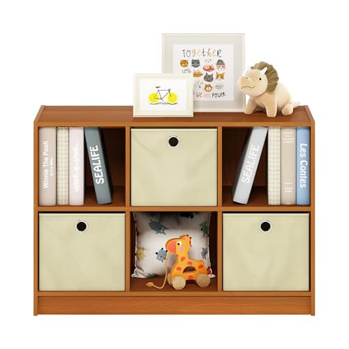 Furinno Basic 6-Cube Book Shelf with Open Shelf, 3 x 2, Light Cherry - color: Light Cherry/Ivory, size: 6-Cube with Bin