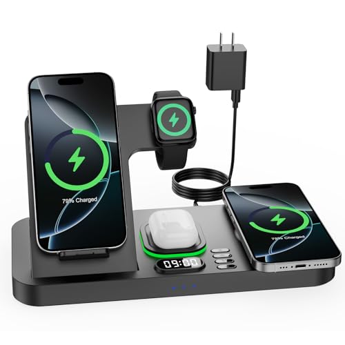 Dual Phone Foldable Wireless Charging Station for Apple Devices | Only for Apple Watch Charging, Cyclic Ambient Light, Digital Clock Display, Magnetic Wireless Charging for Phone, Portable - color: Black