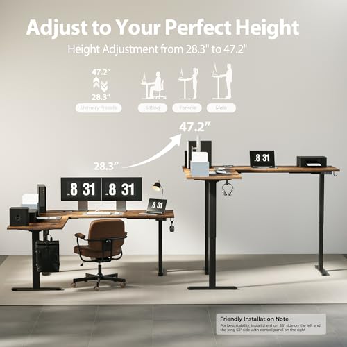Agilestic 73 x 61 Inch L Shaped Electric Standing Desk, Rustic Brown - color: Rustic Brown, size: 73x61 Inch