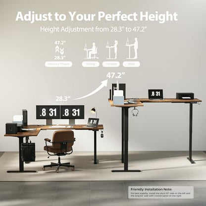 Agilestic 73 x 61 Inch L Shaped Electric Standing Desk, Rustic Brown - color: Rustic Brown, size: 73x61 Inch
