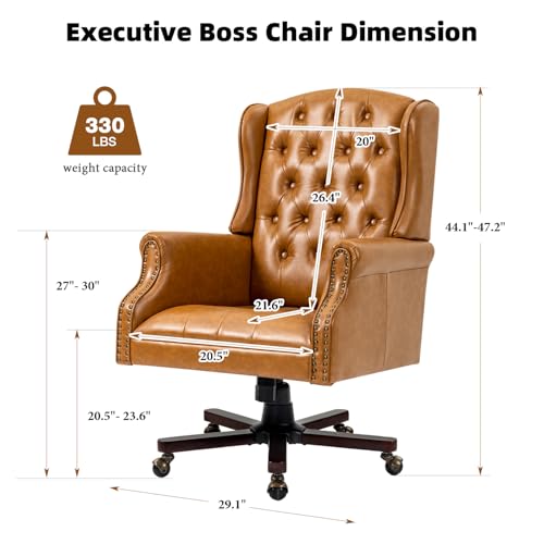 Executive Desk Chair, Ergonomic Home Office Chair, Brown | Faux Leather Wingback Swivel Recliner with Nail Head Trim & Tufted Back, Big and Tall Office Chair for Home and Living Room - color: Brown, style: Classic