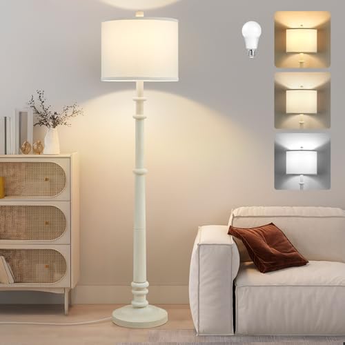Floor Lamps for Living Room - 60" Farmhouse Floor Lamp with Adjustable Color Temperatures - Vintage Standing Lamp Reading Light with Linen Shade Retro Tall Lamp for Bedroom Office, Almond White - color: Almond White