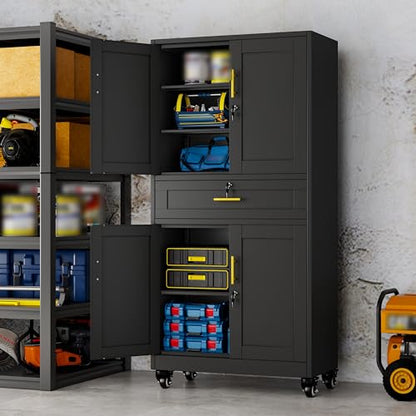 Ckzbx Metal Garage Storage Cabinet with Locking Drawers and Adjustable Shelves,74" H Rolling Tool Storage with Wheels for Garage,Office (Black)
