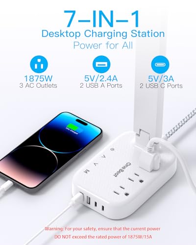One Beat Small LED Desk Lamp Power Strip 5ft Extension Cord with 3 Outlets 4 USB Ports(2 USB C), 4 Modes, 5 Level Touch Lamp Study Reading Light, Home Office Bedroom College Dorm Room Essentials,White - color: White, size: 5 Ft