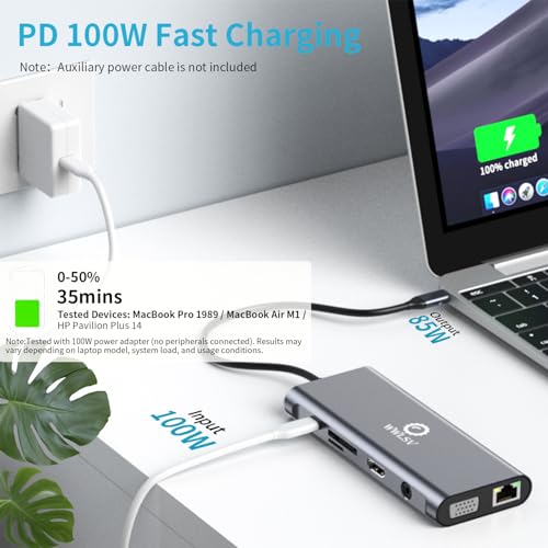 12-in-1 USB C Hub Laptop Docking Station, Dual Monitor Display HDMI 4K@60Hz (Single Display), VGA 1080p (Shared Bandwidth), 100W PD, Ethernet, USB 3.0, SD, Audio, for MacBook, Dell, HP, Lenovo - color: Gray