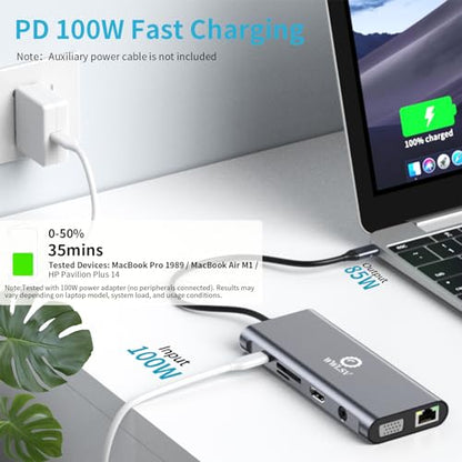 12-in-1 USB C Hub Laptop Docking Station, Dual Monitor Display HDMI 4K@60Hz (Single Display), VGA 1080p (Shared Bandwidth), 100W PD, Ethernet, USB 3.0, SD, Audio, for MacBook, Dell, HP, Lenovo - color: Gray