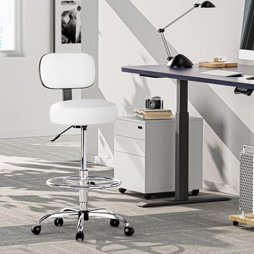 SUPERJARE Drafting Chair with Backrest, Adjustable Foot Rest Rolling Stool | Multi-Purpose Shop Stool, Drafting Stool, Office Desk Chair, Bar Stools with Thick Seat Cushion for Home Bar Kitchen, White - color: White