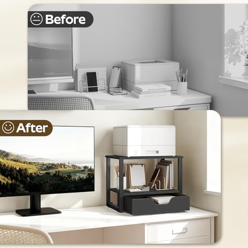 YATINEY Desktop Printer Stand, 2-Tier Printer Table with Non-Woven Drawer, Multi-Purpose Desk Organizer for Home Office, Under Desk Open Organizer Shelf, Black PS01BB - color: Black