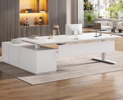 SEDETA 71" Executive Large L Shaped Electric Standing Desk, White | Height Adjustable Executive Desk with 3 Drawers and Cabinet,Sit Stand Up Home Office Desk with Power Outlets & Side Hook - color: White