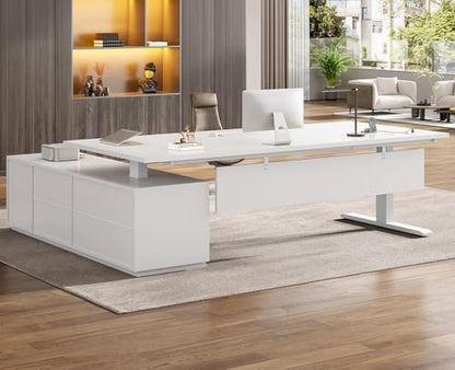 SEDETA 71" Executive Large L Shaped Electric Standing Desk, White | Height Adjustable Executive Desk with 3 Drawers and Cabinet,Sit Stand Up Home Office Desk with Power Outlets & Side Hook - color: White