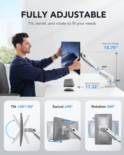 HUANUO Single Monitor Mount, 13 to 32 Inch Gas Spring Monitor Arm, Adjustable Stand, Vesa Mount with Clamp and Grommet Base - Fits 4.4 to 19.8lbs LCD Computer Monitors - color: White