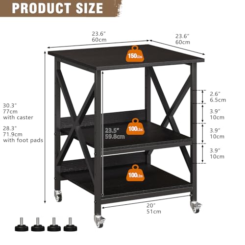 VENNQD 23.6 x 23.6 x 30.3 Inches Printer Stand, Large Printer Table with Adjustable Middle Shelf, Rolling Printer Cart with Wheels, 3 Tier Printer Table for Home Office Living Room Scanner Fax, Black - color: Black