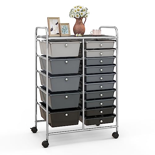 Giantex 15 Drawers Rolling Cart, Classroom Organizers, Storage Cart with Wheels, for Teacher Office Home School Supplies Tool Craft Art Paper - color: Black Gradient, size: 15 Drawers (5 Big +10 Small)