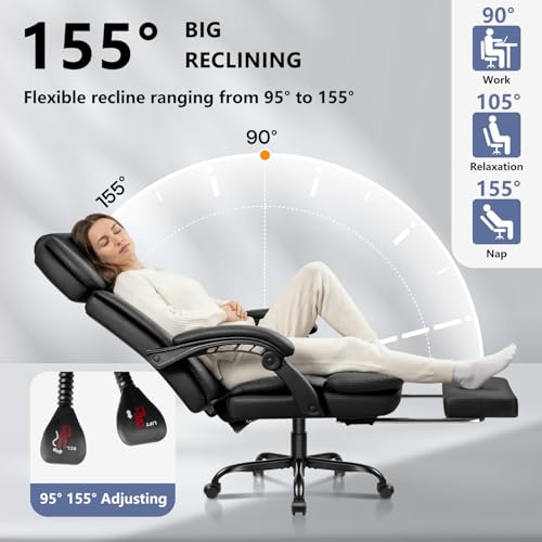 Office Chair with Foot Rest 400lbs, High Back Leather Office Chair Big and Tall, Heavy Duty Ergonomic Executive Desk Chair for Home Office, Black - color: Black