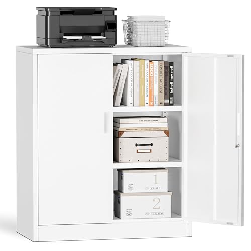 Metal Garage Storage Cabinets，36" Steel File Cabinet with 2 Adjustable Shelves, Lockable Storage Cabinets for Office, Home, Garage, Warehouse 36" H x 32" W x 16" D (White) - color: White, size: 36"H