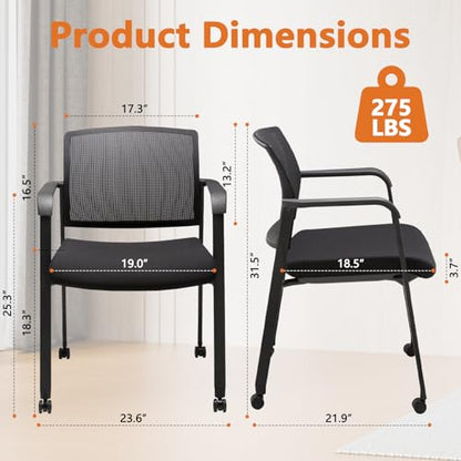 CLATINA Black Waiting Room Chair with Wheels Mesh Back Stacking Arm Chairs with Upholstered Fabric Seat and Ergonomic Lumbar Support for Office School Church Guest Reception, Set of 2