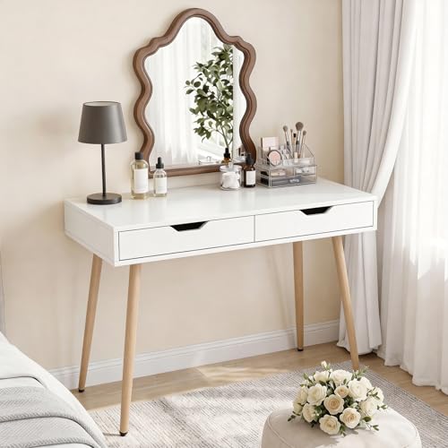 Tangkula White Writing Desk w/2 Storage Drawers, Modern Computer Desk with 4 Rubber Wood Legs, Versatile Small Study Desk for Home Office School, Vanity Table for Bedroom