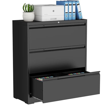 3 Drawer Metal Lateral File Cabinet with Lock for Home Office | 35.5 Inch Ultra Spacious Tabletop,330LBS Max Weight Capacity,Fits Letter/Legal/F4/A4 Size,Fast Easy Assemble,Black - color: Black, size: 15.7"D x 35.4"W x 40"H（3 Drawers）