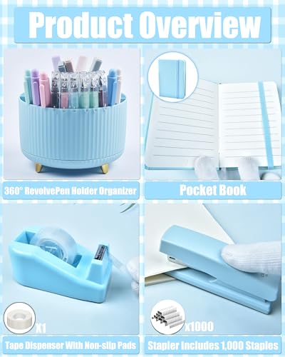 Blue Desk Accessories, 20Pc Office Supplies and 360°Pen Holder Desk Organizers, with Tape Dispenser, Stapler, Staple Remover, Ect, Let the Color Blue Fill Your Desktop - color: Blue