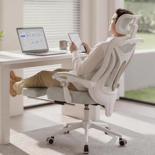 CYKOV Ergonomic Office Chair with Footrest - Adjustable Lumbar Support & Headrest, 90-135° Reclining Mesh Back Computer Chair - Home Office/Gaming, 350lbs Capacity - color: Light Grey