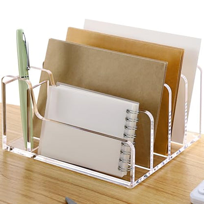 SANRUI Acrylic Mail Organizer with Pen Holder, Clear Mail Sorter, 4-Slot - size: 4 Slots with Pen Holder