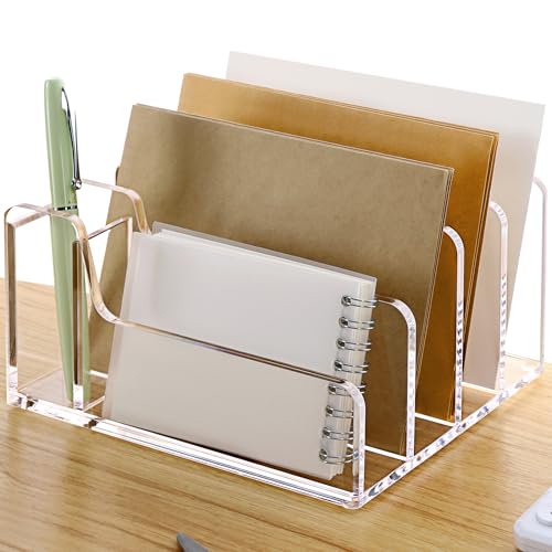 SANRUI Acrylic Mail Organizer with Pen Holder, Clear Mail Sorter, 4-Slot - size: 4 Slots with Pen Holder