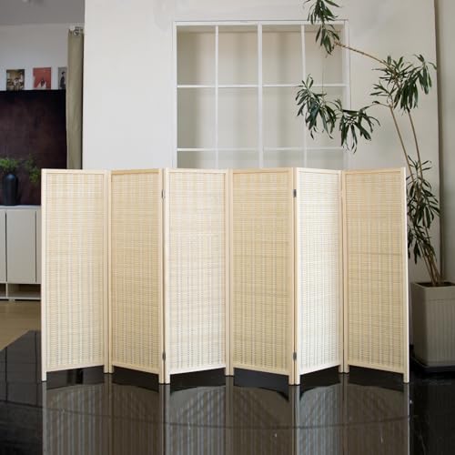 6 Panel Short Room Divider – 3.9 ft Tall Double-Side Folding Privacy Screen, Natural Beige Bamboo Partition Wall for Home Office, Living Room & Corner Spaces - color: Beige, size: 6 Panel