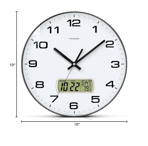 Wall Clock, 10" Dial Non-Ticking Silent Battery Operated Analog with LCD Display for Perpetual Calendar and F° Temperature, Ideal Modern Home, Bedroom, Kitchen, Office Decor (Black) | Perpetual calendar, Fahrenheit temperature, easy-to-read analog dial, b