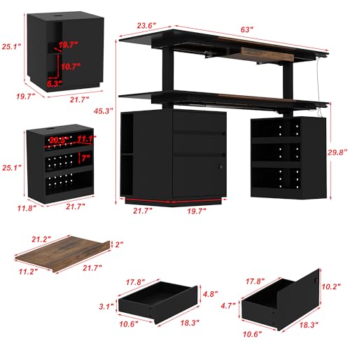 63" Electric Standing Desk with Lockable Drawer, Pegboard and Keyboard Tray, Height Adjustable Stand up Desk with File Cabinet & Shelves, Home Office Computer Gaming Table, Black