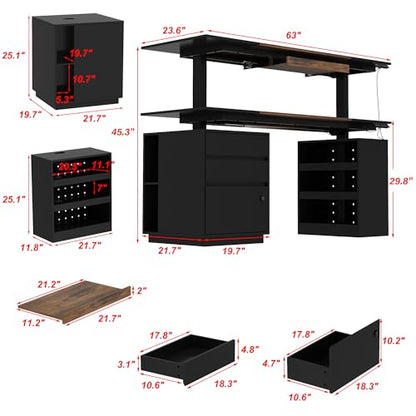 63" Electric Standing Desk with Lockable Drawer, Pegboard and Keyboard Tray, Height Adjustable Stand up Desk with File Cabinet & Shelves, Home Office Computer Gaming Table, Black