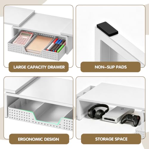 LEKETREE Dual Monitor Stand Riser with Drawer and 2 Pen Holders, White - color: White