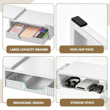 LEKETREE Dual Monitor Stand Riser with Drawer and 2 Pen Holders, White - color: White