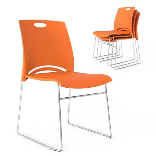 VINGLI Stacking Chairs Set of 4 Stackable Office Chairs with Metal Sled Base, Ergonomic Plastic Seat, Stacking Chairs for Waiting Room Break Room Banquet Guest, Orange - color: Orange, size: 4 Pack