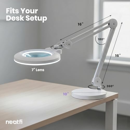 Neatfi XL LED Magnifying Lamp, Hands-Free, Dimmable, Crafts, Reading, Close Work (White, Non-CCT with Base) - color: White, size: 7-inch Lens, Non-CCT with Base
