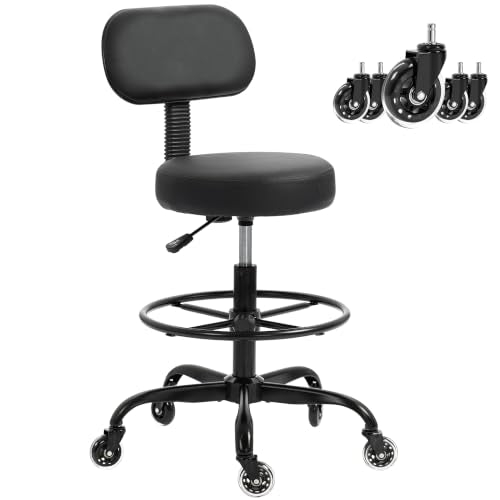 Finnhomy Drafting Chair with Footrest, Tall Office Chair with Back Support, Adjustable Seat Height (22"-30") Heavy Duty Stool with Wheels for Home Kitchen Bar Tattoo Spa Salon Desk, Black - color: Black