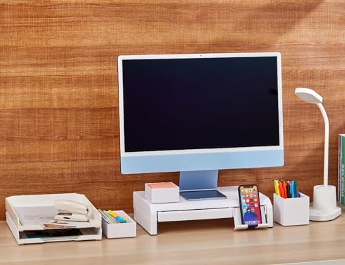 Bostitch Konnect Adjustable Monitor Riser with Drawer & Cell Phone Holder, Laptop Stand for Desk, 4 Height Levels, Cable Management & Rubber Feet - color: White, style: Deluxe Laptop Stand