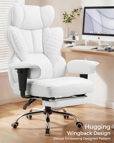 COMHOMA Big and Tall Office Chair Heavy Duty Gaming Chair with Deluxe Embossing Leather High Back Wider Ergonomic Computer Chair with Foot Rest 145°Reclining Pocket Spring Lumbar Support - color: Ivory White