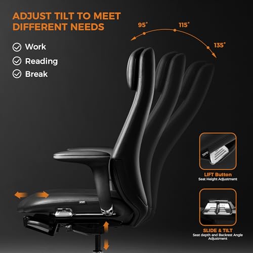 TOMU Executive Office Chair with Foot Rest, Top Grain Genuine Leather Office Chair, Ergonomic High Back Design. Real Leather, Wheels, Alumium Base. Padded Armrest, Luxury and Comfy (Black) - color: Black